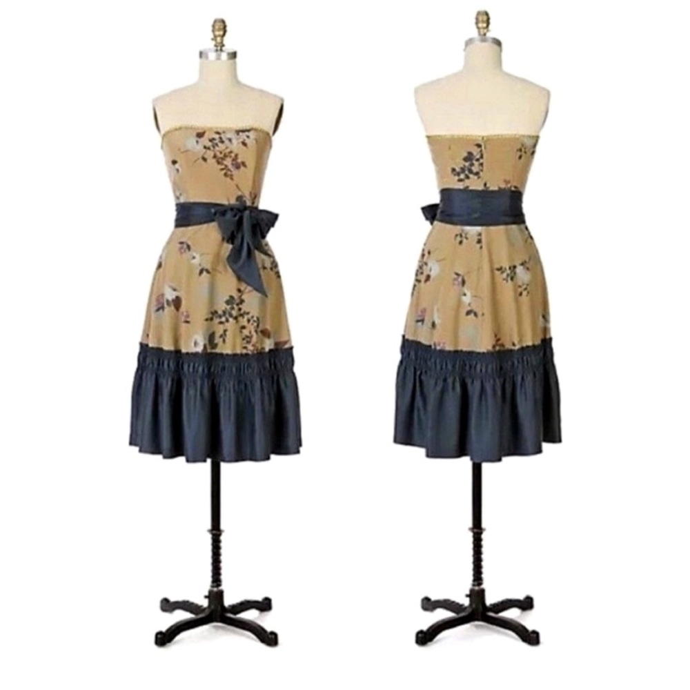 Anthropologie Tabitha Tan/NavyFloral Strapless Dress with Sash Tie